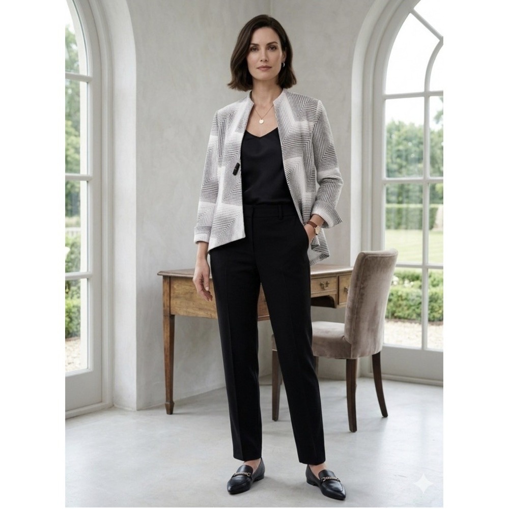 Joseph Ribkoff Asymmetrical Black And White Chevron Geometric Open Blazer. S/M